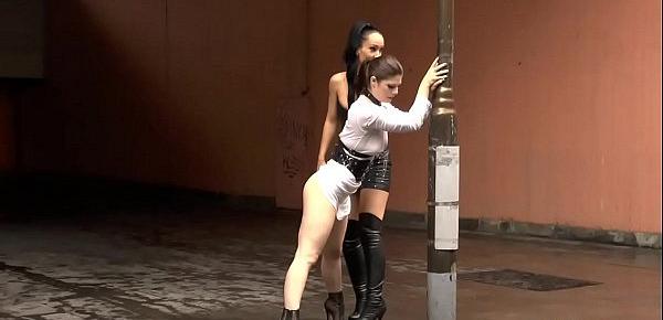  Mistress in leather dominates slave in public